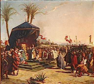 Saint Louis reoit  Damiette le patriarche de Jrusalem; tableau de Oscar Gue command par Louis-Philippe pour le muse historique de Versailles en 1842