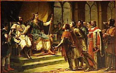 Louis IX mdiateur entre le roi d'Angleterre et ses barons (23 janvier 1264); peinture de Georges Rouger conserve au muse national de Versailles